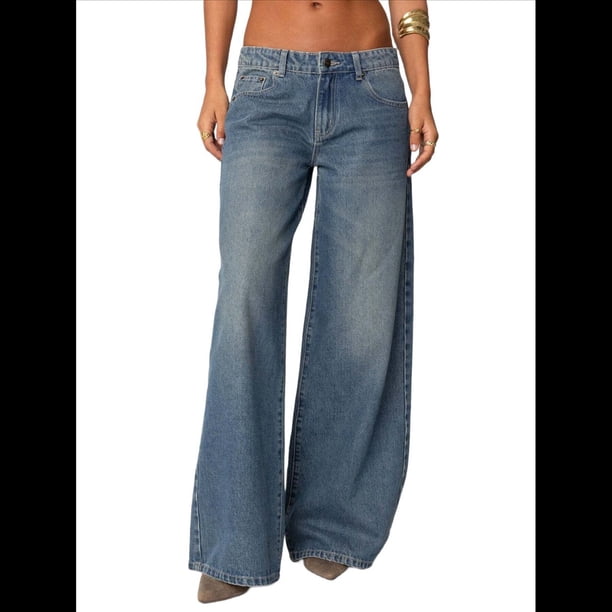 Pantalones Vaqueros Boyfriend de Pierna para Mujer - Vaqueros Holgados de Tiro Bajo - Estilo e-Girl Y2K Azul Oscuro M
