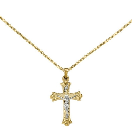 14kt Two-Tone Textured and Polished INRI Crucifix Cross Pendant