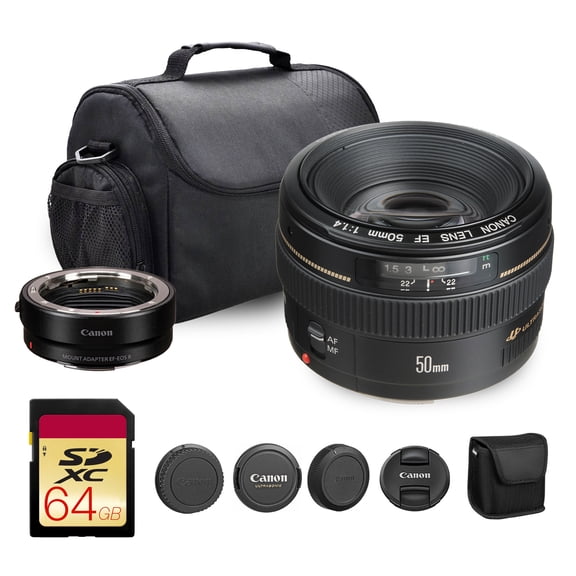 Canon EF 50mm f/1.4 USM Lens (2515A003) EF-EOS R Adapter Bag 64GB Card