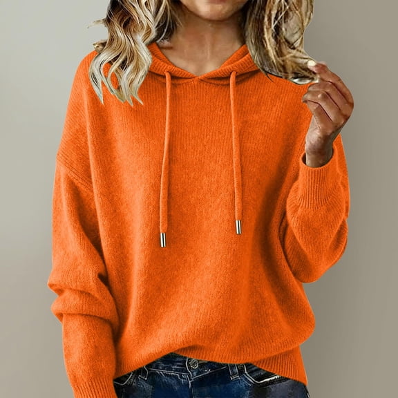 ClodeEU Womens Long Sleeve Hooded Knit Sweater,Casual Fashion Fall Drawstring Thick Sweater Orange,Womens Plus L
