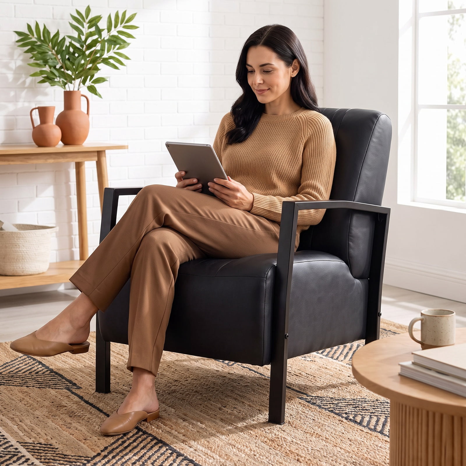 Furnibear PU Leather Upholstered Armchair with Padded Seat Back Ergonomic Support and Metal Legs Comfy Lounge Reading Chair for Living Room, Black