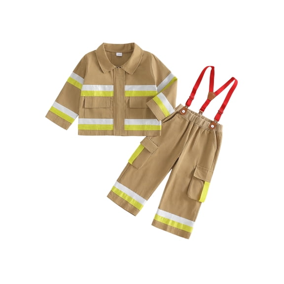 BemeyourBBs Toddler Baby Boy Firefighter 2 Piece Outfits Spring Fall Clothes Long Sleeve Turn Down Collar Contrast Color Zipper Up Jacket Coat Tops and Suspenders Pants Set