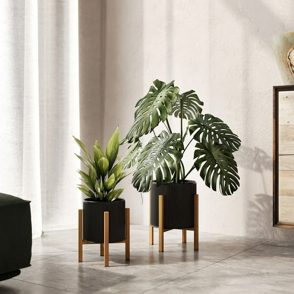 Everett Black Planter Pot With Kinsley Wood Planter Base - (Small & Medium Set)