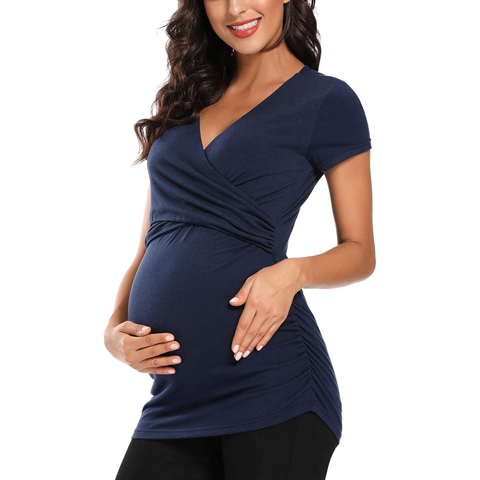 Rnxrbb Women Maternity Shirts Summer Tops Pregnancy Clothes Short Sleeve V Neck 3 Pack Tshirt 