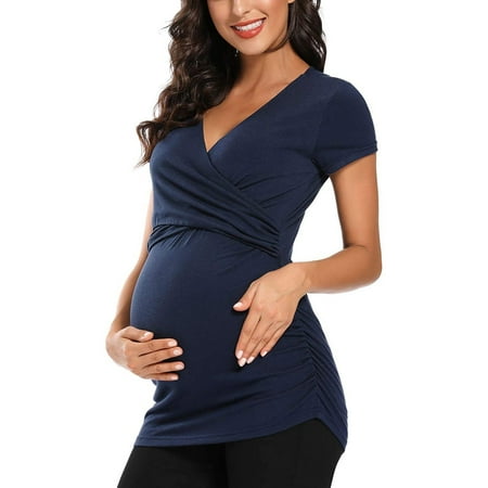 

Women Plus Size Clearance Cafuvv Fashion Solid Short Sleeve Breast-Feeding Pregnant Woman Maternity Blouse