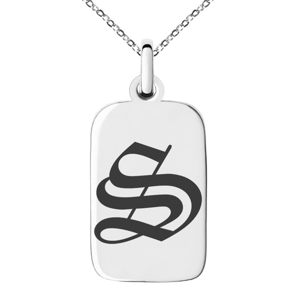 Stainless Steel Letter S Initial Old English Monogram Engraved Small Rectangle Dog Tag Charm Pendant Necklace