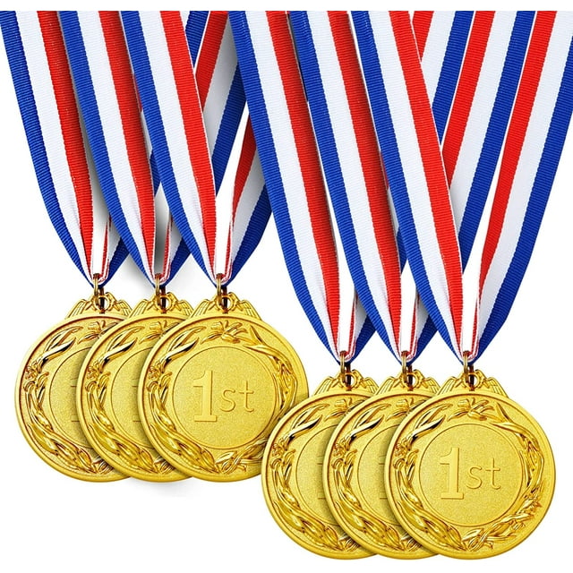 medallas de metal dorado para ganador, juego de 6 medallas olímpicas de primer premio para deportes, competiciones y fiestas, diámetro de 6,4 cm con cinta de 81 cm — seis medallas doradas frontales con relieve central '1st' y borde floral en aleación de zinc, colgadas de cintas tricolor (rojo, blanco y azul) de poliéster de 81 cm; diámetro 6,4 cm; también adecuadas como reconocimientos en concursos escolares y fiestas.