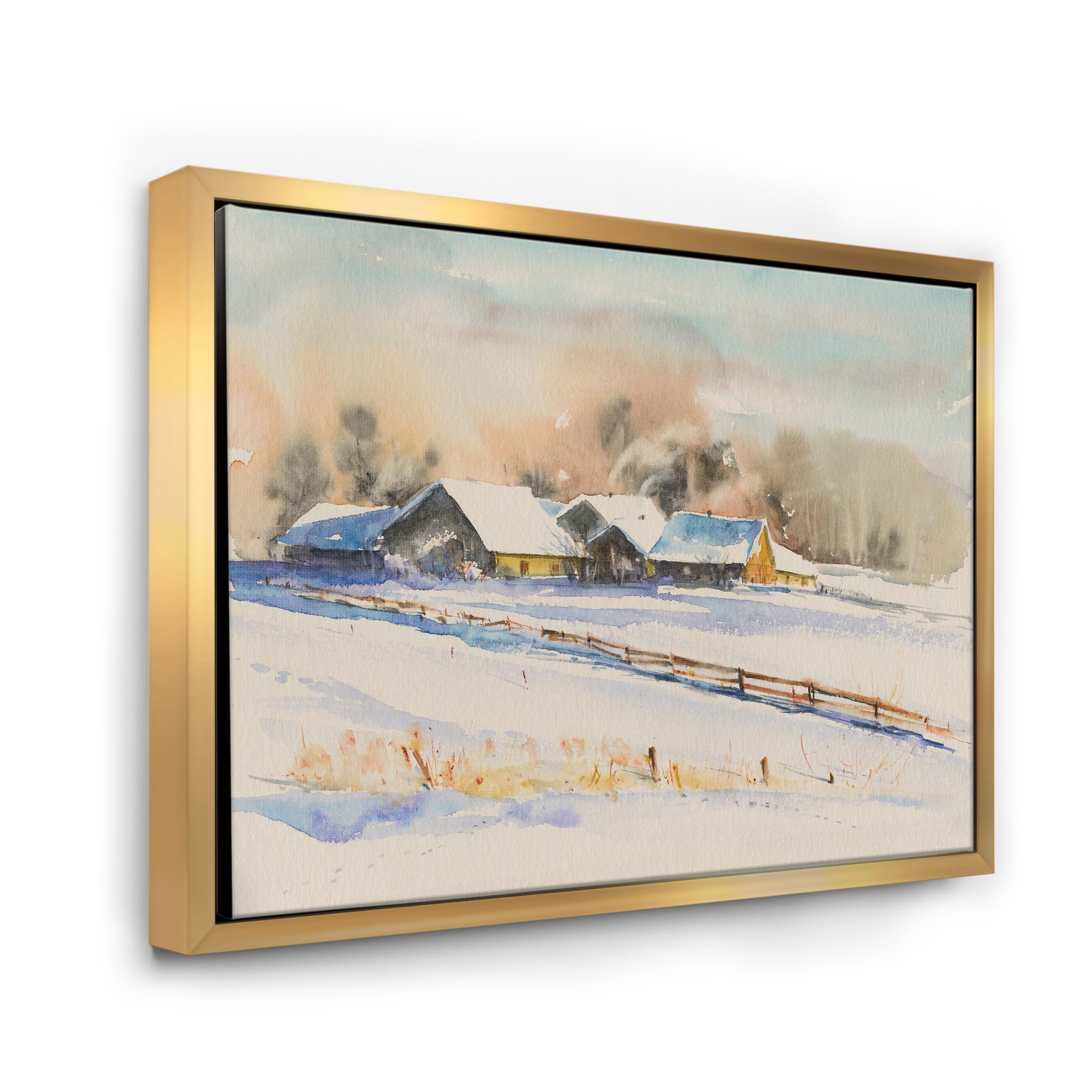 Small VIllage At Evening Covered With Snow 32 in x 16 in Framed Photography Canvas Art Print, by Designart