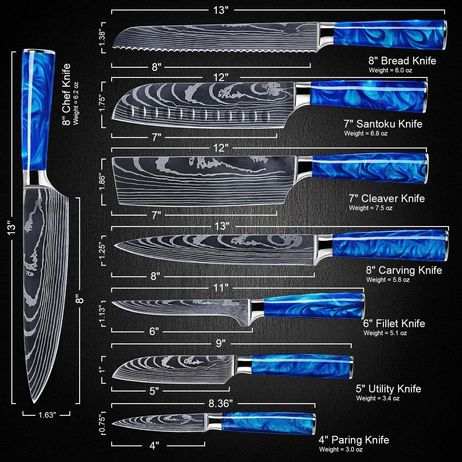 8-piece Premium Japanese Kitchen Knife Set with Blue Resin Handle & Laser Damascus Pattern - Chef's Knife, Paring Knife, Bread Knife & More