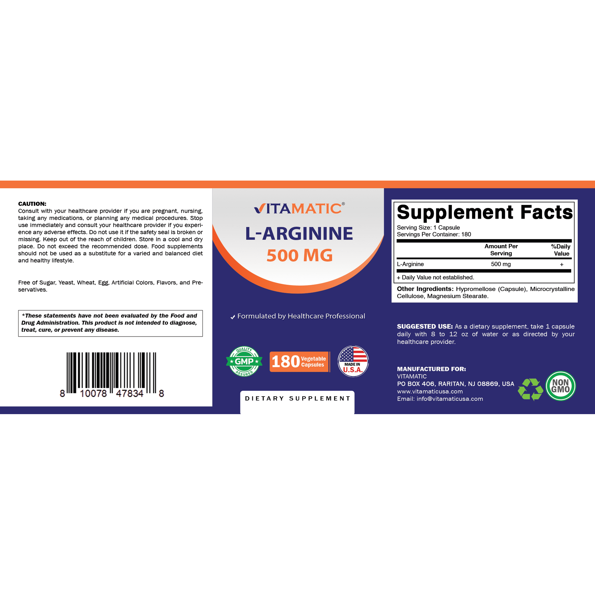 Vitamatic L-Arginine 500mg, 180 Vegetarian Capsules – Amino Acid Supplement, Non-GMO, Gluten Free, Made in USA