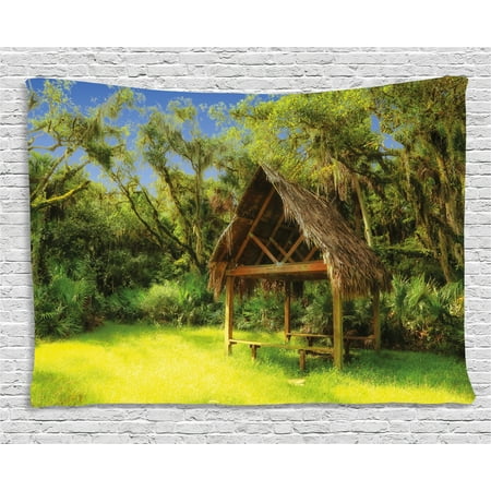 - Tiki Bar Decor Tapestry, Tiki Hut in Dreamy Fantasy Forest Tropical Island Wildlife Greenery, Wall Hanging for Bedroom Living Room Dorm Decor, 60W X 40L Inches, Green Blue Brown, by Ambesonne