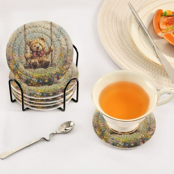 BZSMCE 6Pcs Drink Coasters With Holder 3.94Inch Bear on Swing Painting Creative Coil Coaster Coasters Colors Absorbent Coasters for Drinks Coasters Set Thicken Heat for Home Table