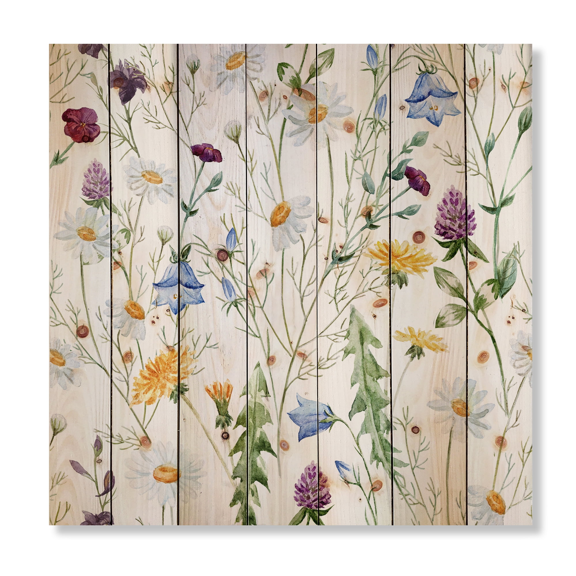 Designart 'Wildflowers Clover Bell and Chamomile III' Traditional Print on Natural Pine Wood