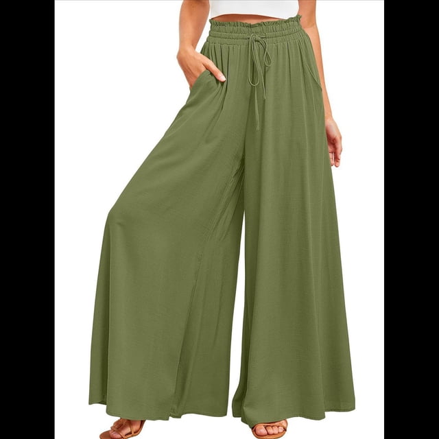Pantalones Casuales de Cintura Alta para Mujer, de Color Liso, Largos y Anchos, con Bolsillos, para y Otoño. Verde XL