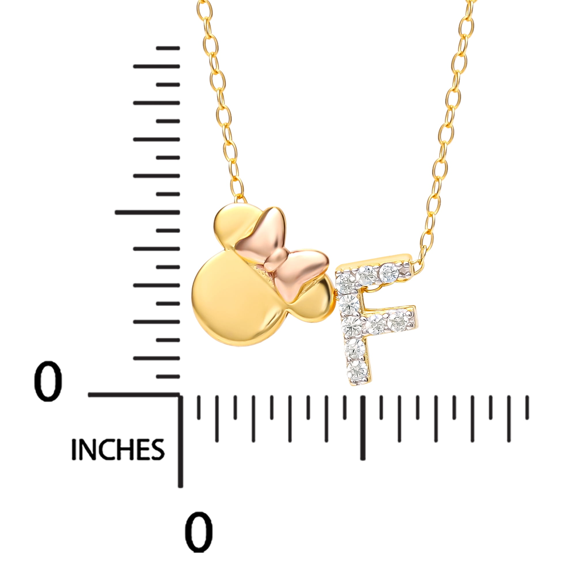 Disney Minnie Mouse Sterling Silver Gold Plated Cubic Zirconia Initial Pendant Necklace, 18" - Letter F