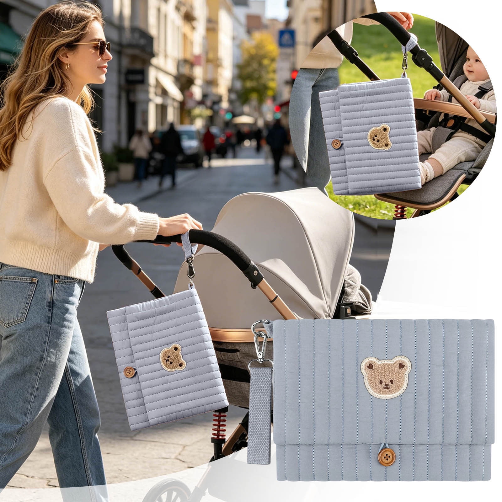 Bear Embroidery Baby Organizer Bag 10.6 Inch Multifunction Diaper Clutch with Wipes Pocket Portable Stroller Attachment Storage Pouch for Travel Blue