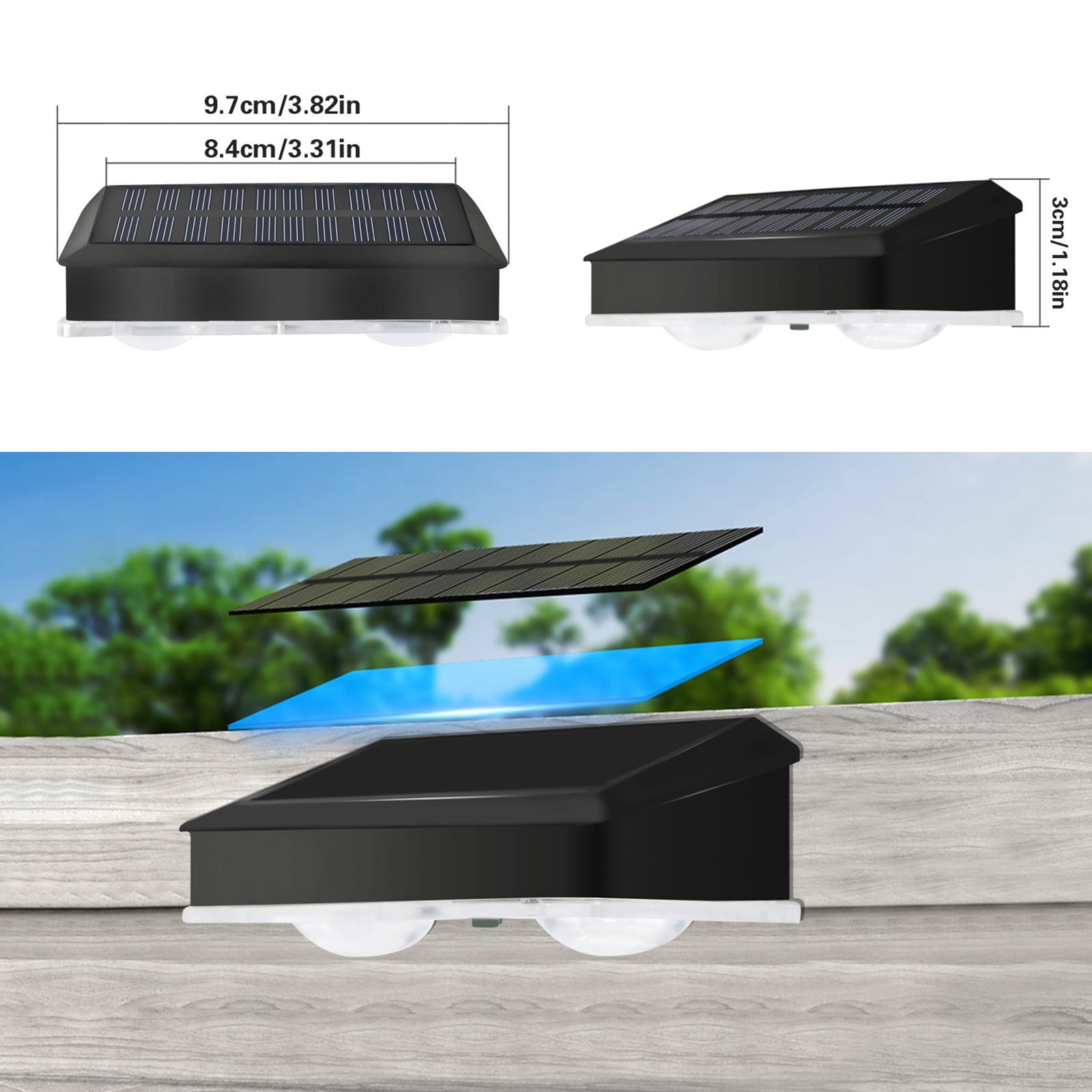 Djiypn Solar Fence Lights Outdoor, 10 Pack Warm White Fence Lights Solar Powered with 2 LED, IP65 Waterproof, Deck Lighting for Backyard, Patio, Wall, Railing, Pool, Stair