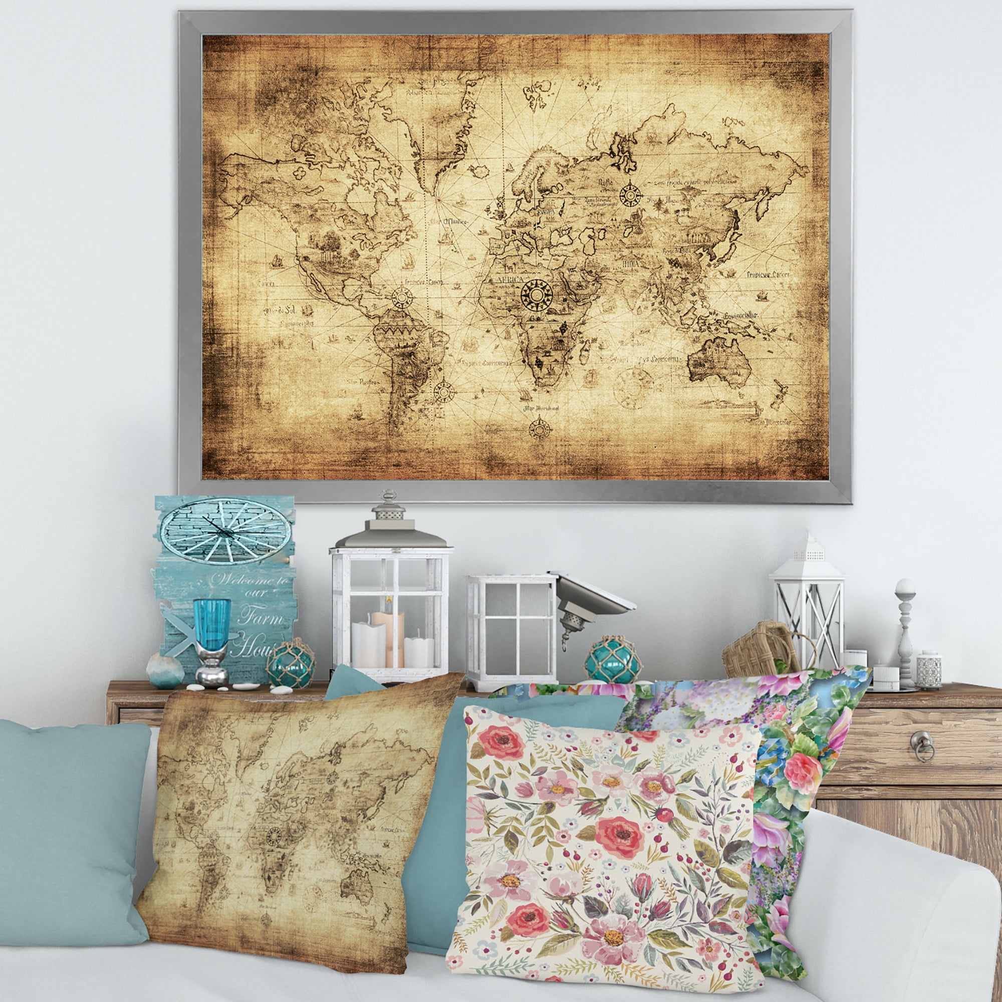 Designart 'Ancient World Map IV' Vintage Framed Art Print