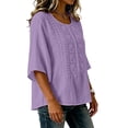 thumbnail image 5 of thefmos Women Summer Boho Linen Tops 3/4 Sleeve Round Neck Embroidery Casual Loose Pullover Blouses Solid Fall Fashion Tunic, Purple S, 5 of 9