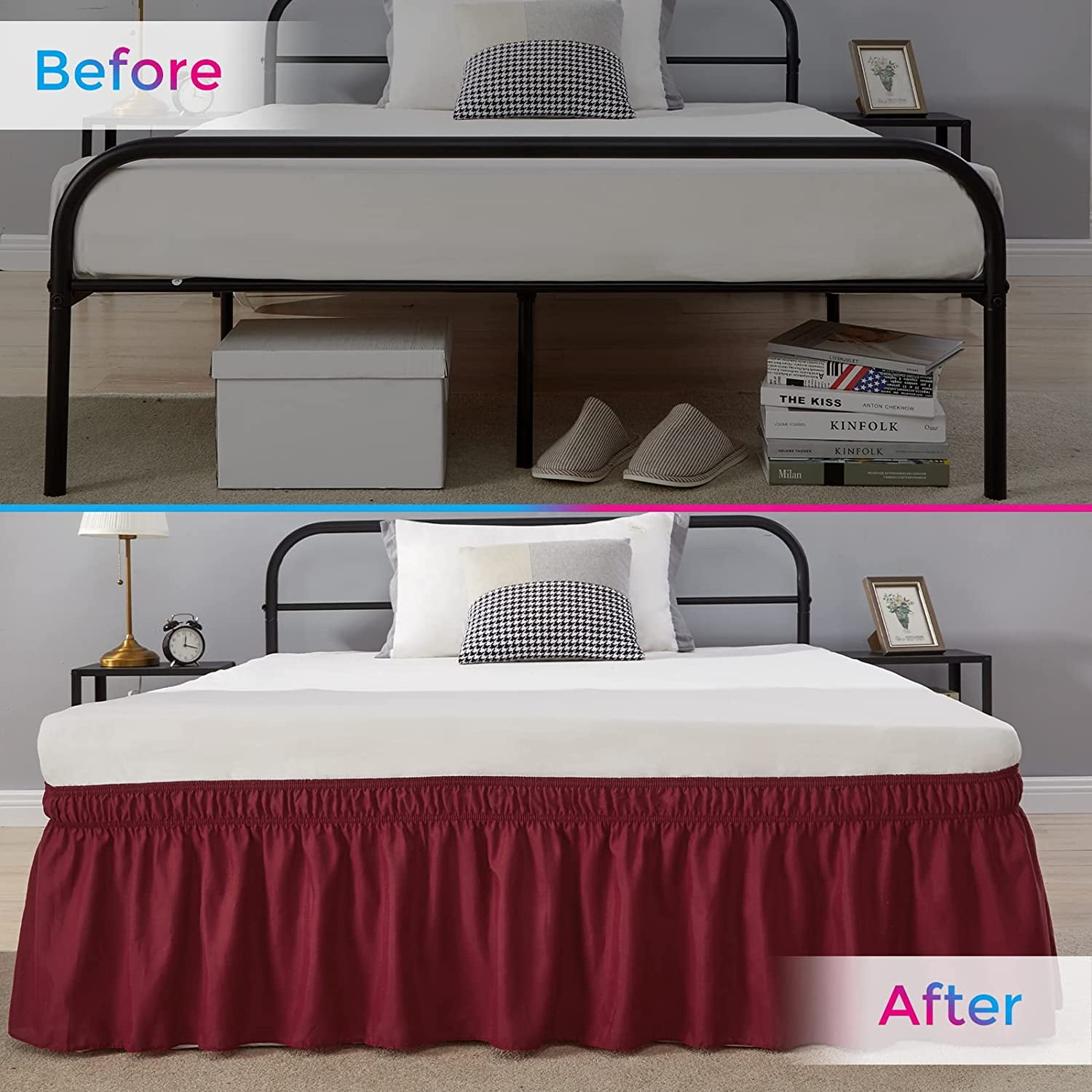 Wrap Around Bed Skirts 22" Drop, Fully Elastic Dust Ruffle, Soft and Luxury, Fade Resistant, Machine Washable Luxurious Fabric, Olympic Queen Size - Burgundy Solid.