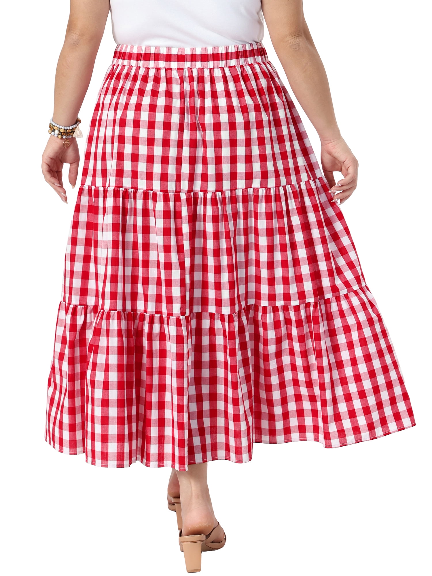 DARING DIVA Women's Plus Gingham Tiered Layer A Line Skirts 2X Red