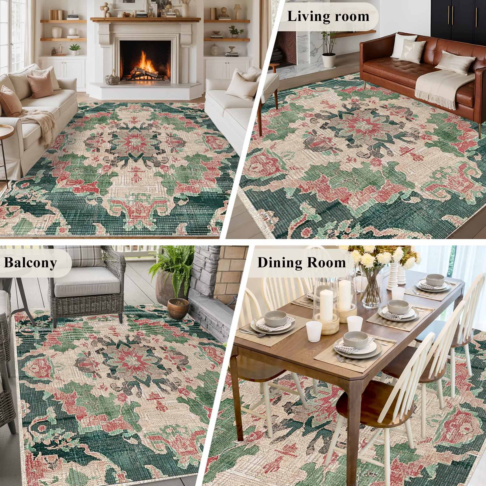 Area Rug for Living Room, Pink Green Boho Non-Slip Indoor Large Carpet for Bedroom/Dining Room, Abstract Medieval Vintage Ethnic Floral Washable Low-Profile Rectangle Floor Runner Rugs - 5 x 8 Ft
