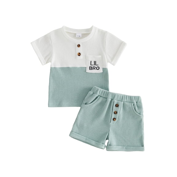 BemeyourBBs Toddler Baby Boy Little Brother Outfit Infant Baby Boys Summer Clothes Casual Lil Bro Letter Embroidered Waffled Short Sleeve Shirt Tops and Pockets Shorts 2 Pcs Set