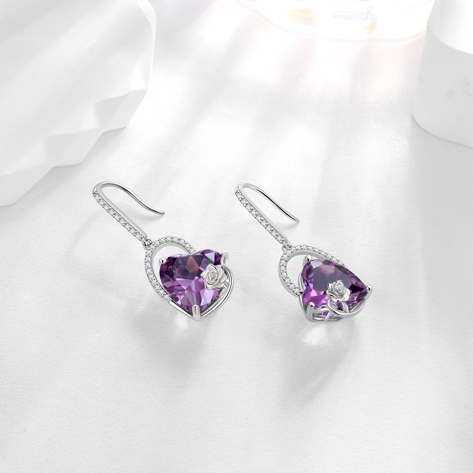 Juwaliy 925 Sterling Silver Earrings Women Heart February Birthstone Hook Dangle Earring Amethyst Purple Rose Jewelry Mother Valentine's Day Gift
