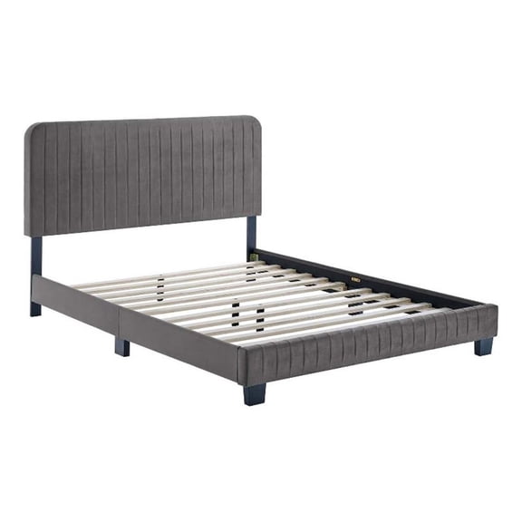 Maklaine Channel Tufted Performance Velvet Full Platform Bed in Gray