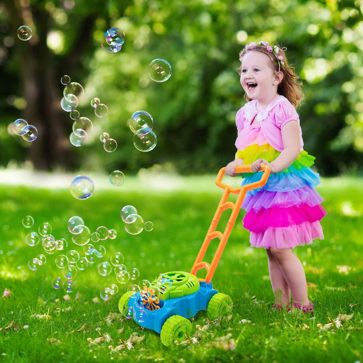 Kids Bubble Blower Machine with 4 Bubble Solutions 4 Bubble Sticks VRCLUB Bubble Lawn Mower for Toddlers Outdoor Push Game Toys Gifts for 2 3 4 5 6 7 Years Old Baby Boys Girls