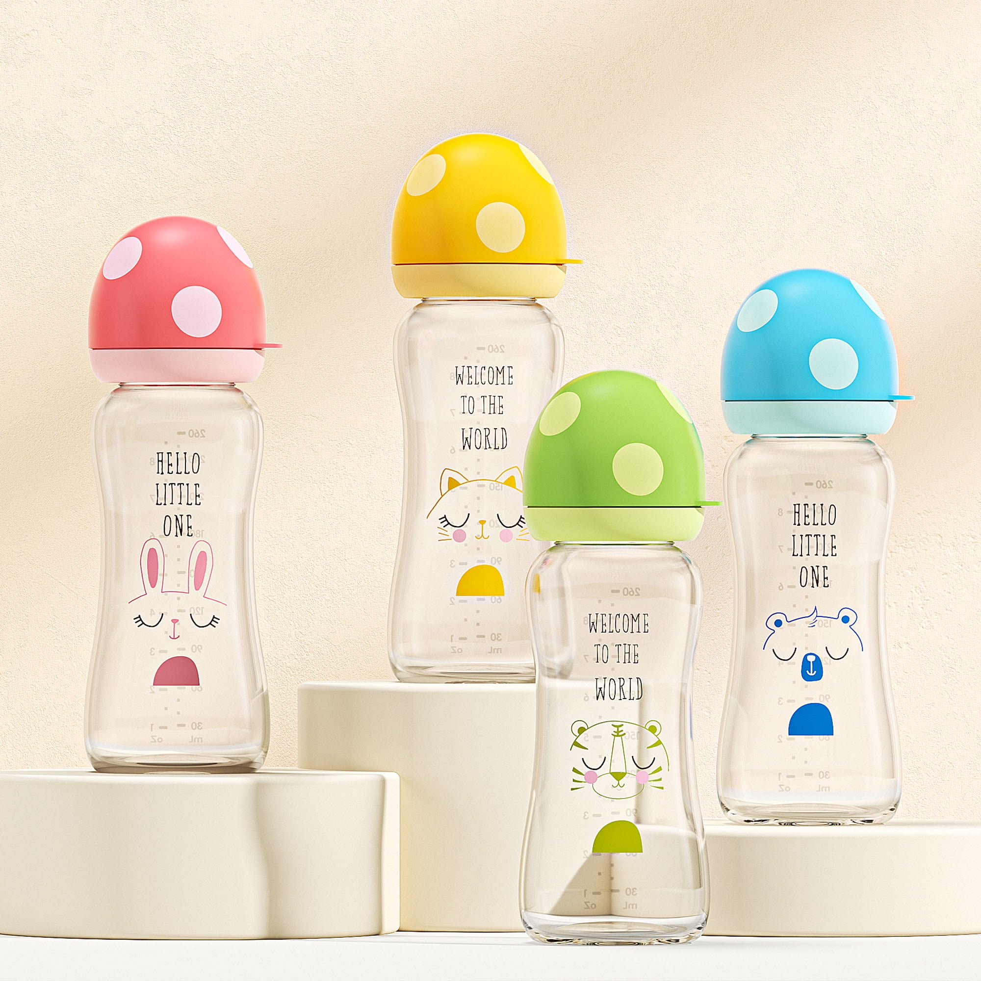 YOHKOH Anti-colic Glass Baby Bottles,with Vent,Mushroom Cap,8.8 oz/260ml,2pk,Yellow