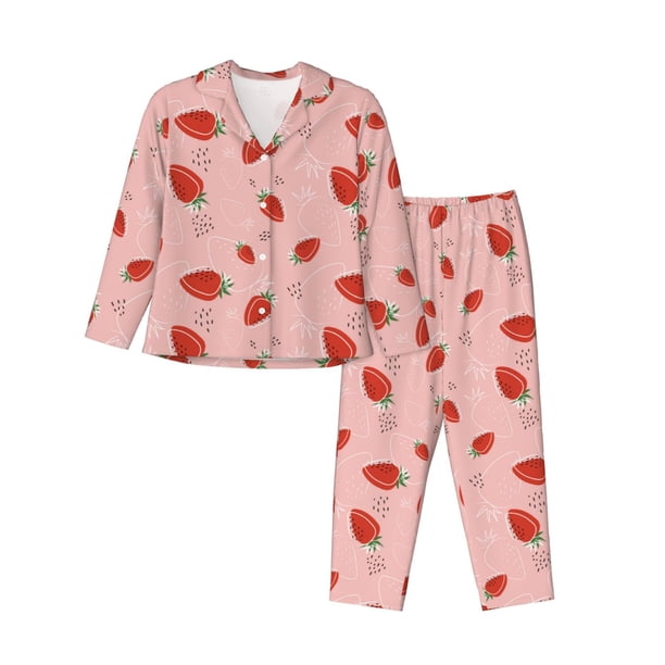 Balery Strawberry Conjunto de Pijama con Estampado para Mujer, Conjunto de Dos Piezas con Manga Larga, Ropa de Dormir Suave con Bolsillos, Pijamas Cómodos-Large