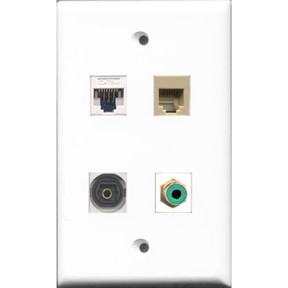 RiteAV 1 Port RCA Green and 1 Port Phone RJ11 RJ12 Beige and 1 Port Toslink and 1 Port Cat5e Ethernet White Wall Plate