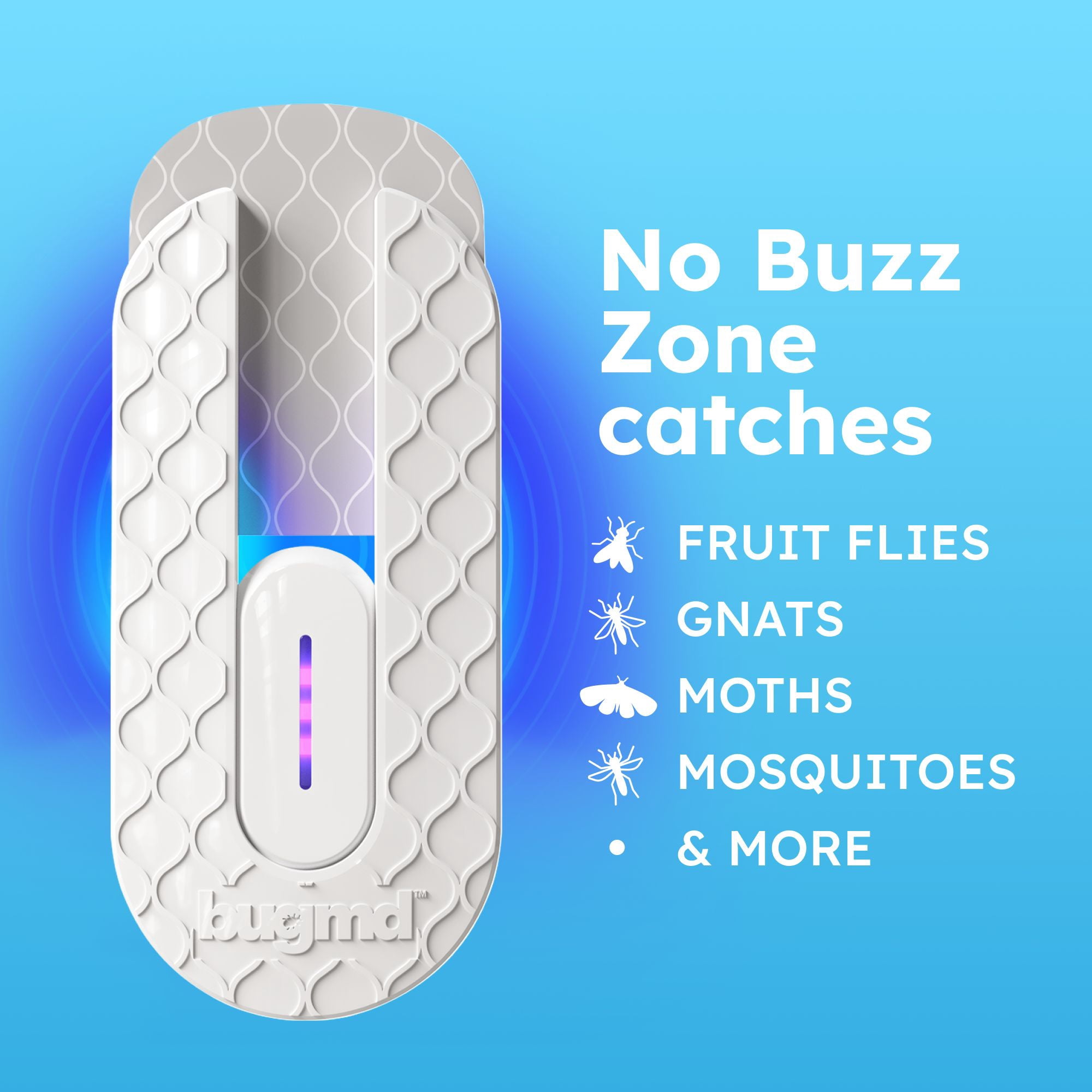 BugMD No Buzz Zone - Flying Insect Trap Catcher Indoor Fly Safer Home Fruit Traps for Gnat Moth Mosquito Bug Light Plug in Killer Refillable Uv Zapper Flea Inside and Indoors 1 Device + 6 Refill