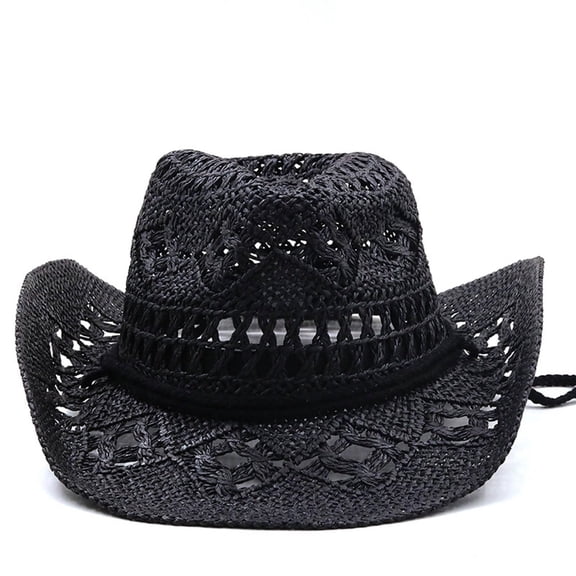Harpily Unisex Cowboy Hat Knitted Hollow Wide Brim Portable Rollable Sun Protection Hat for Outdoor Beach Vacation Accessory