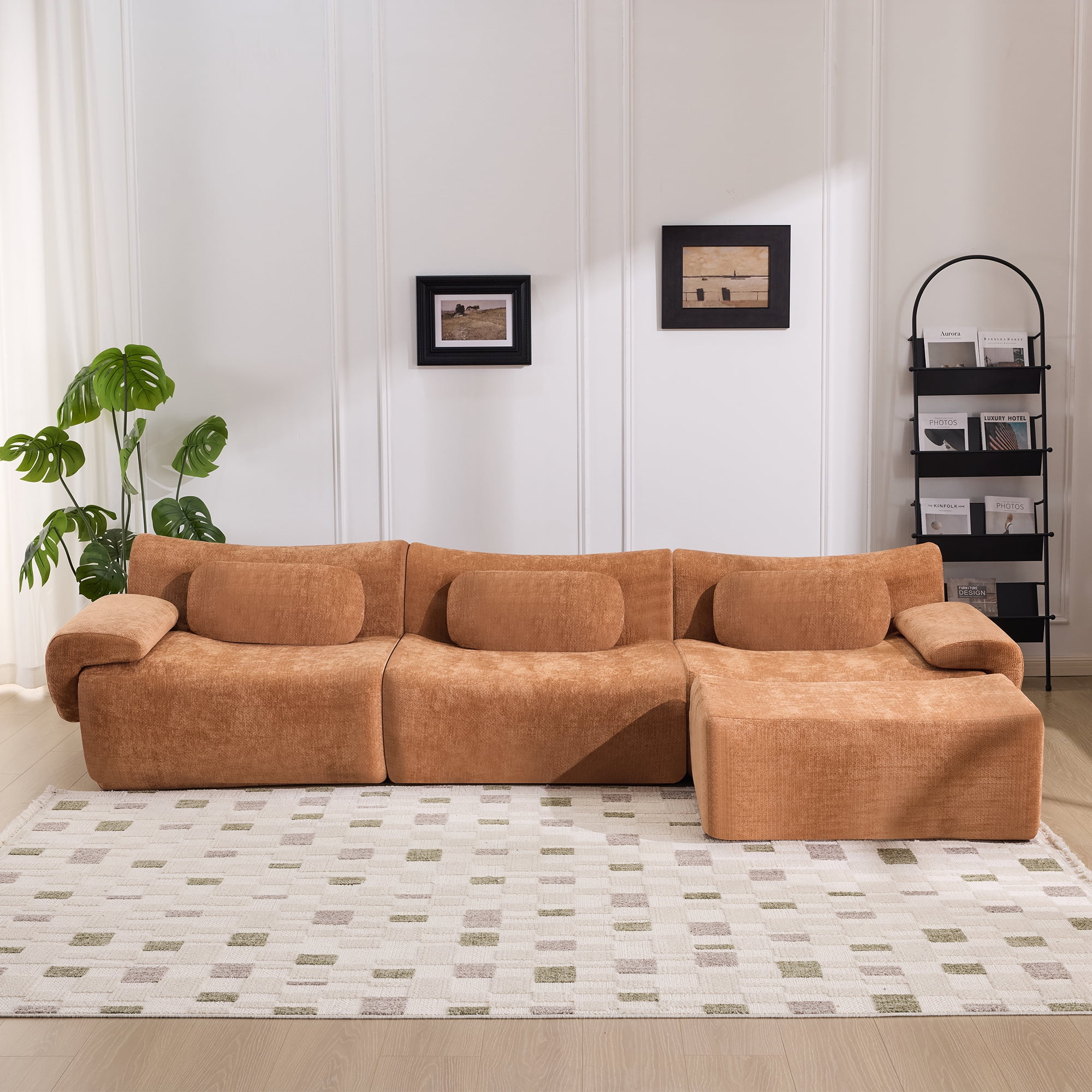 BSHTI 107.9" Chenille Sectional Sofa with 3 Pillows, Comfortable L Shaped Sofa with Premium Fabric and Modern Design for Living Room(Orange)