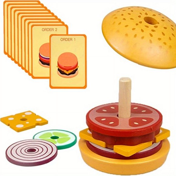 HLONK Ensemble de Jouets Empilables en Bois pour Hamburger Jeu de Motricité Fine avec Nourriture et Cartes de Commande pour 3 Ans et Plus (Hamburger) Halloween l'Action de Grâce Noël