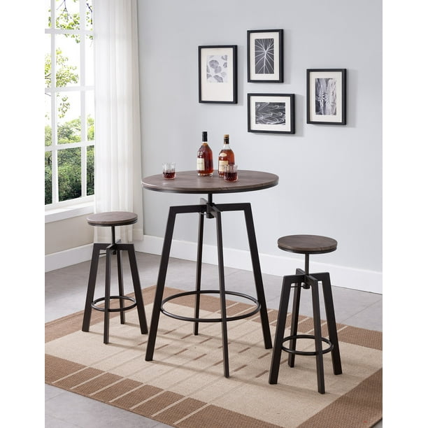 Toby 3 Piece Adjustable Height Kitchen Dining Pub Set Brown Wood Top Amp Metal Frame Modern Industrial Round Table Amp 2 Stools
