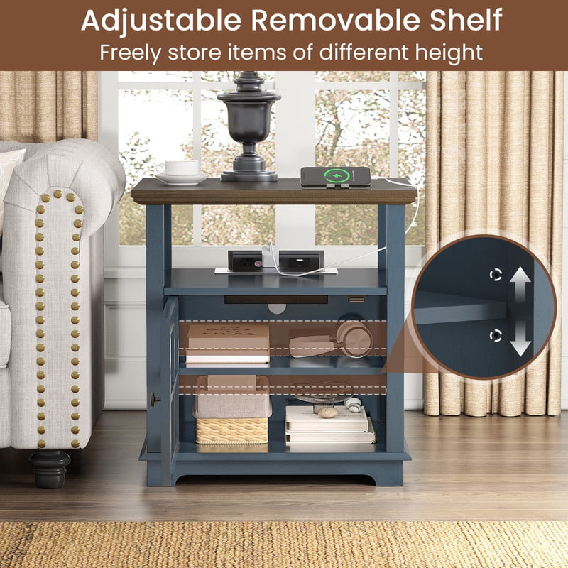 Plamle 24 Inch End Table with Charging Station, Nightstand with USB Ports & Outlets, Storage Side Table with Adjustable Shelf & Glass Door for Bedroom Living Room, Wood Finish