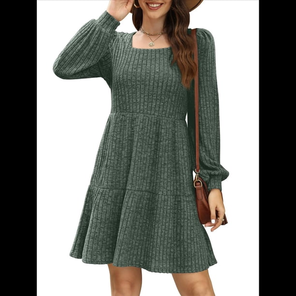 Vestido Estilo Babydoll Informal de Otoño con Cuello Cuadrado y Larga para Mujer Verde XXL