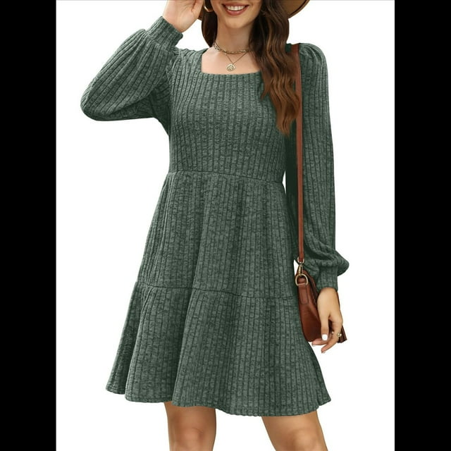Vestido Estilo Babydoll Informal de Otoño con Cuello Cuadrado y Larga para Mujer Verde M