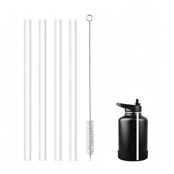 NORIZF 4 Packs Replacement Straws Compatible with 22/24/32/40/64 Oz Insulated Water Bottle, Plastic Straw with Cleaning Brush for Half Gallon Stainless Steel Sports Water Flask