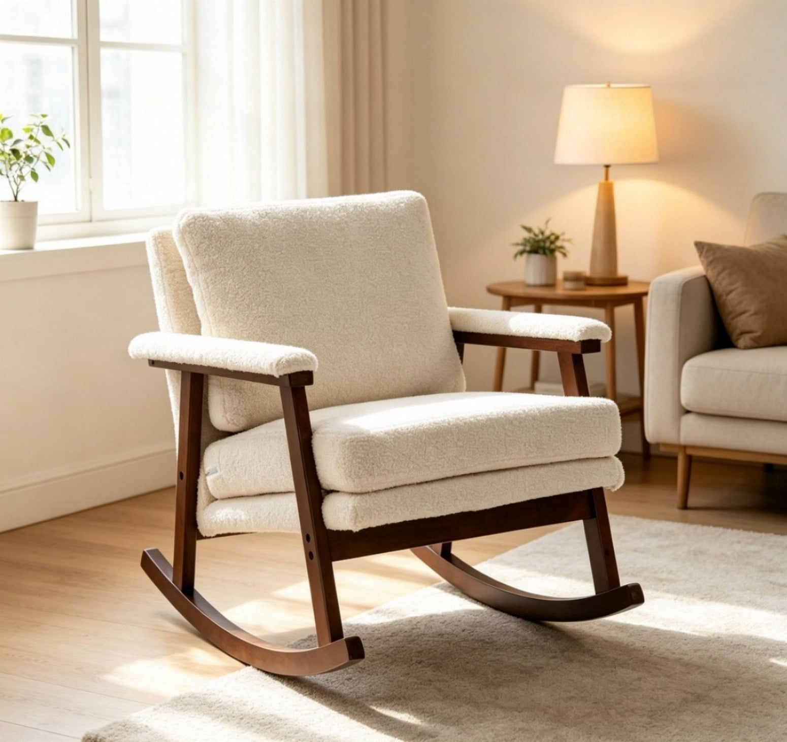 Mid-Century Modern Rocking Accent Chair with Wood Frame, Upholstered Reading Armchair with Waist Cushion, High-Density Foam Lounge Chair for Living Room, Bedroom, Sunroom, Antique White