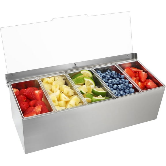 Chilled Condiment Server, Stainless Steel Chilled Condiment Tray with Lid, Ice Fruit Serving Containers with 5 Removable Compartments