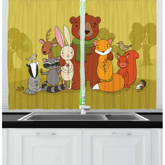 Forest Curtains 2 Panels Set, Animals of the Forest with Deer Raccoon Deer Birds Squirrel Friendship Companionship, Window Drapes for Living Room Bedroom, 55W X 39L Inches, Multicolor, by Ambesonne