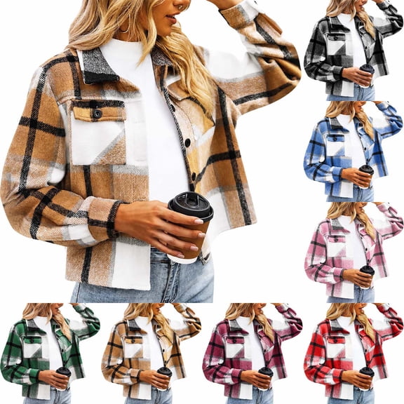 Xaqiouau Plaid Shacket Women Flannel Jacket Oversized Shirt Jacket Long Sleeve Button Up Casual Coat Fall Winter Outerwear with Pockets