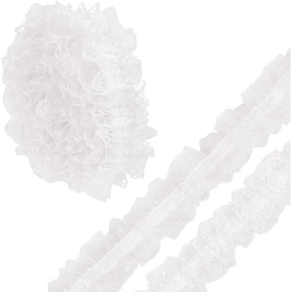 10.94 Yards Double Layer Elastic Lace Trim Vintage Pleated Organza Lace Ribbon Ruffle Trim Chiffon Sewing Stretch Applique for DIY Wedding Embellishment Dress Wrapping Hair Accessories White White