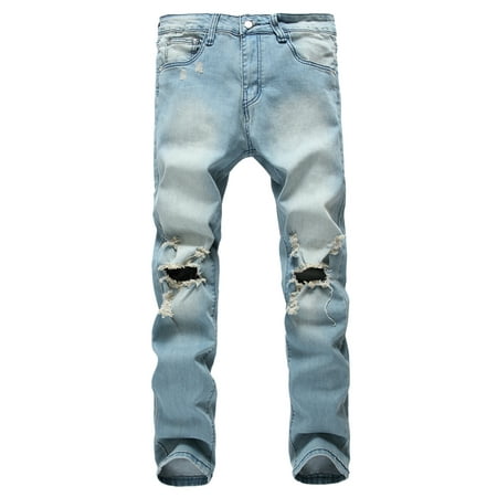 28-42 Mens Destroyed Frayed Denim Jeans Ripped Straight Trousers Slim Fit Zipper Casual Hip Hop Pants Outwear Streetwear Denim Blue