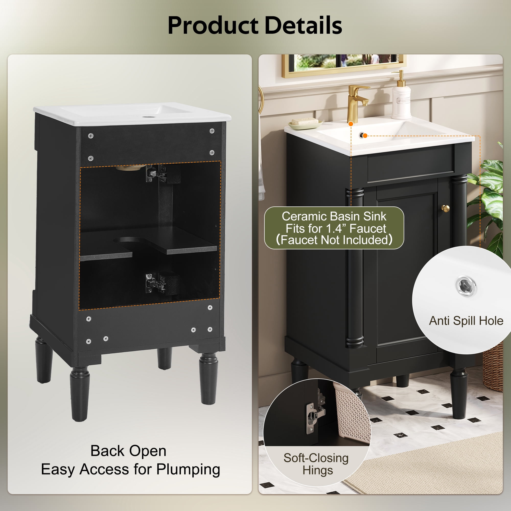 Euroco 18" French Style Bathroom Cabinet with Storage, Small Space Solution with Ceramic Sink, Adjustable Shelf, Soft-Closing Hinges