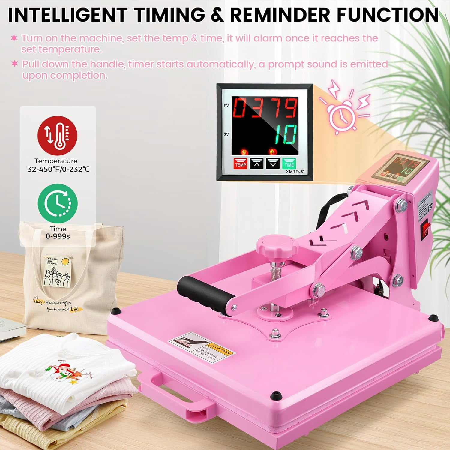 Adnoom Clamshell Heat Press 15x15 with Slide Out Design, Industrial-Quality Sublimation Press with Dual Tube Heating System, Digital Heat Transfer Machine for T-shirt, Mouse Pad, Pillows, Pink
